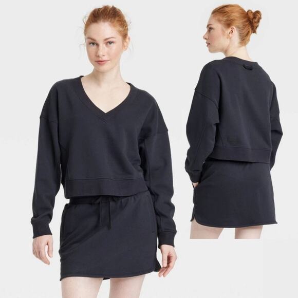Joylab Women's French Terry V Neck Sweatshirt Cropped Pullover Black Size Large - Picture 1 of 6